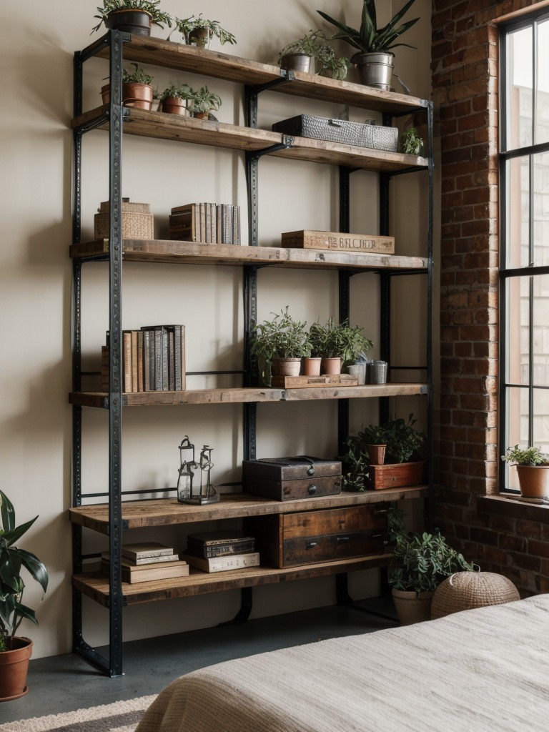 Industrial Bedroom Bliss: Showcase Style with Open Shelving.