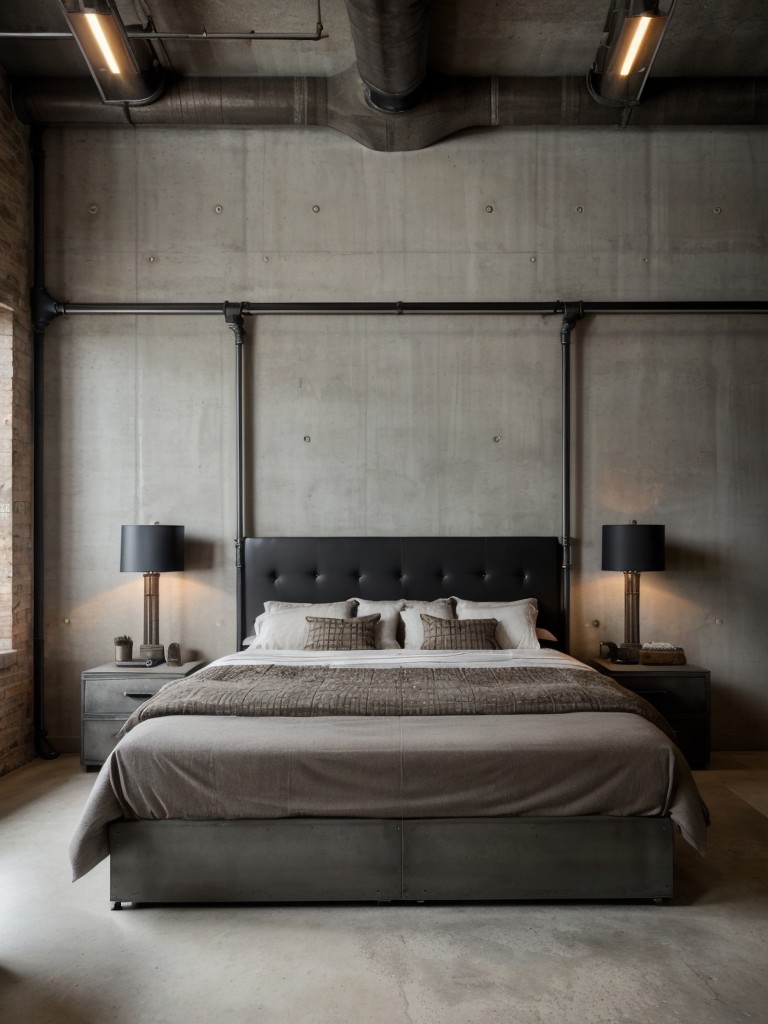 Masculine Industrial Bedroom: Play with textures for a bold & stylish vibe!