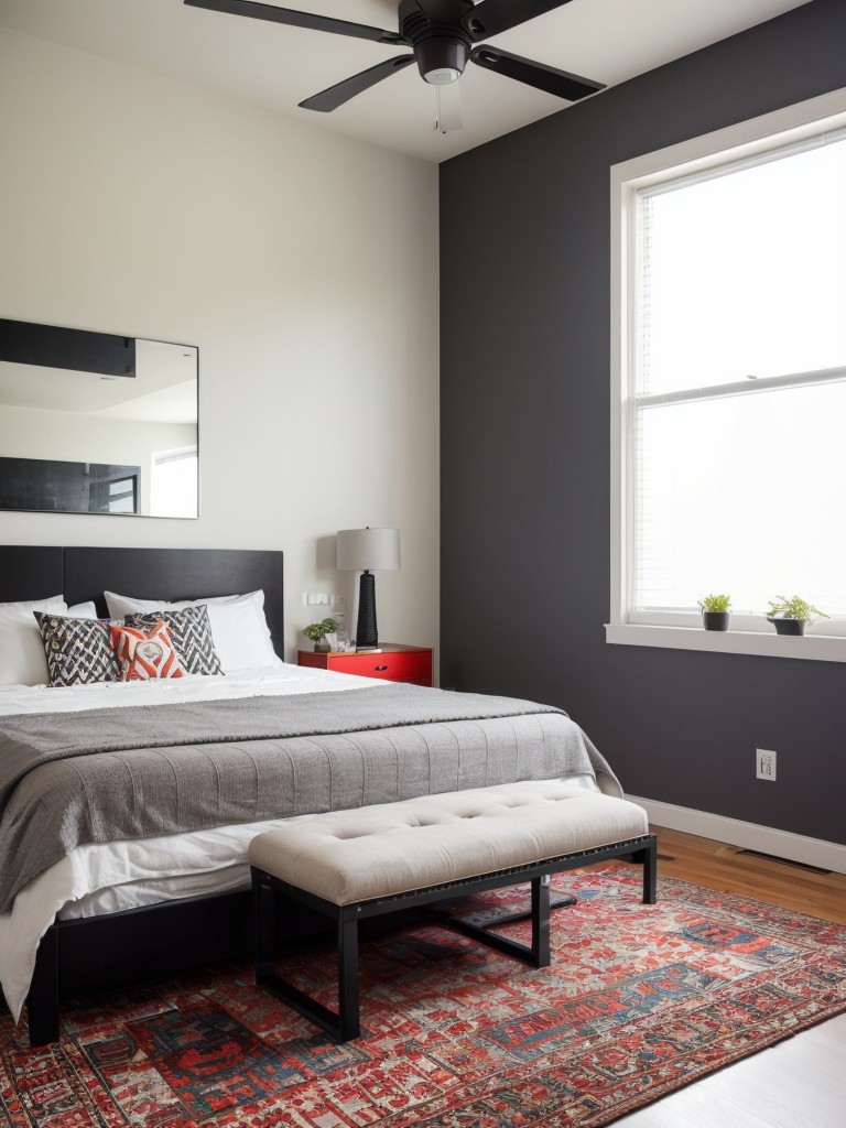 Industrial Chic: Stylish Apartment Bedroom with Statement Rug!