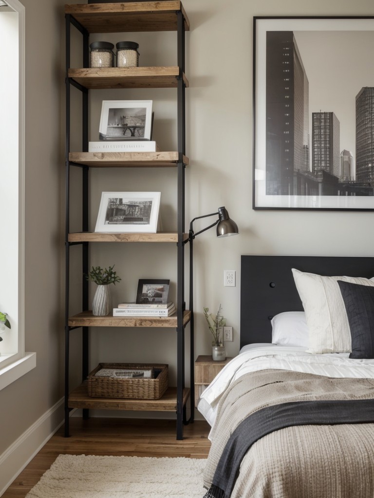 Industrial Chic: Stylish Apartment Bedroom with Trendy Open Storage