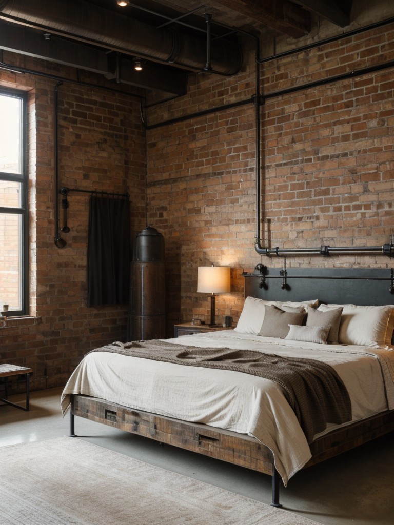 Cozy Industrial Bedroom: Embrace Rustic Charm with Wood, Metal, and Brick!