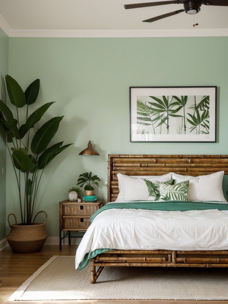 Tropical Oasis: Transform your bedroom with lush green plants and coastal-inspired accents.