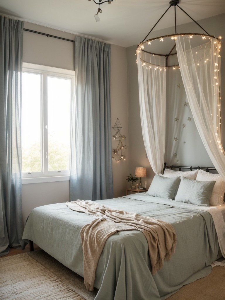 Dreamy and Enchanting: Create a Playful Bedroom with Canopy Bed and Fairy Lights.