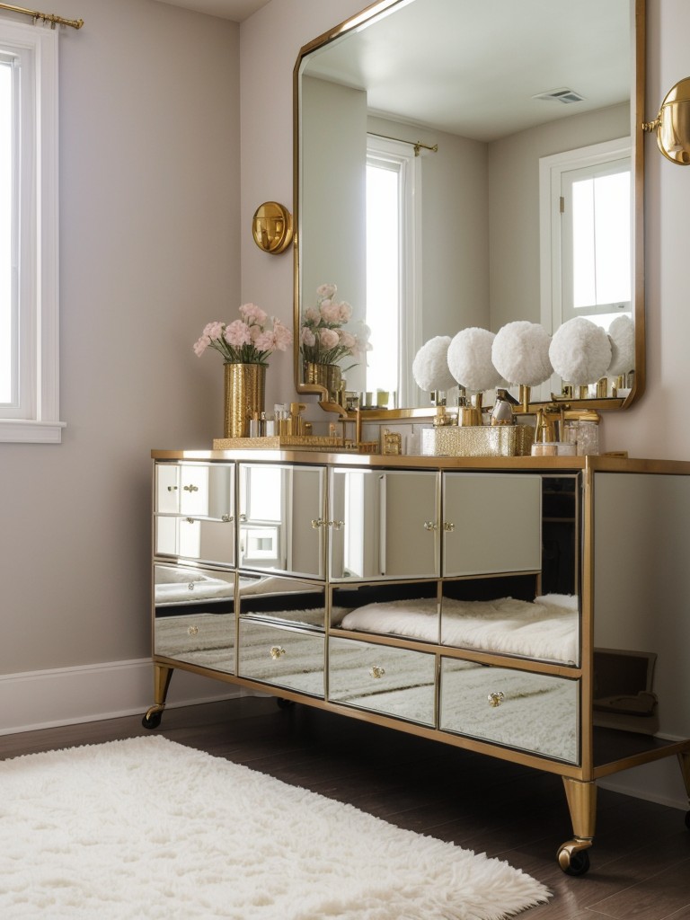 Glamify Your Bedroom: Hollywood-inspired decor with a plush rug and mirrored vanity! ?