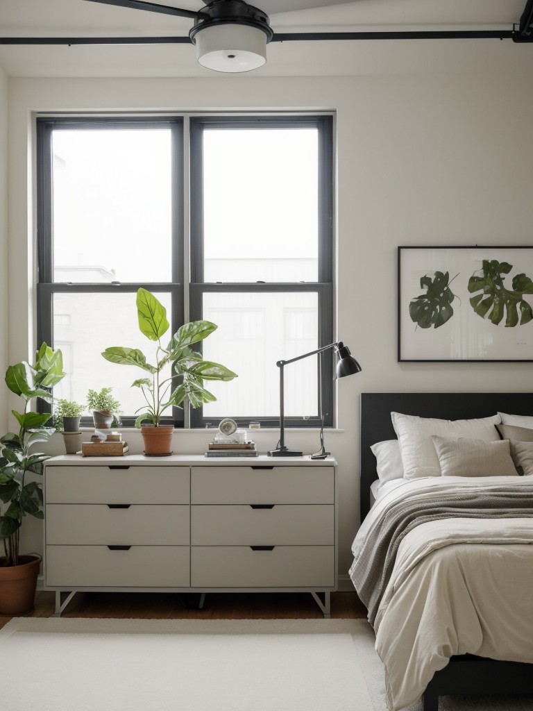 Sleek and Green: Minimalist Apartment Bedroom with Plants.