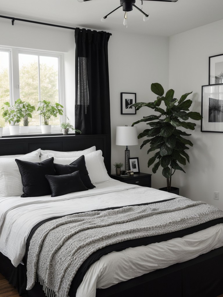 Chic Apartment: Black, White, and Greenery Bedroom Design