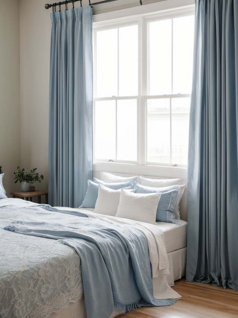 Industrial Chic: Create a Serene Bedroom with Cool Blues and Delicate Lace