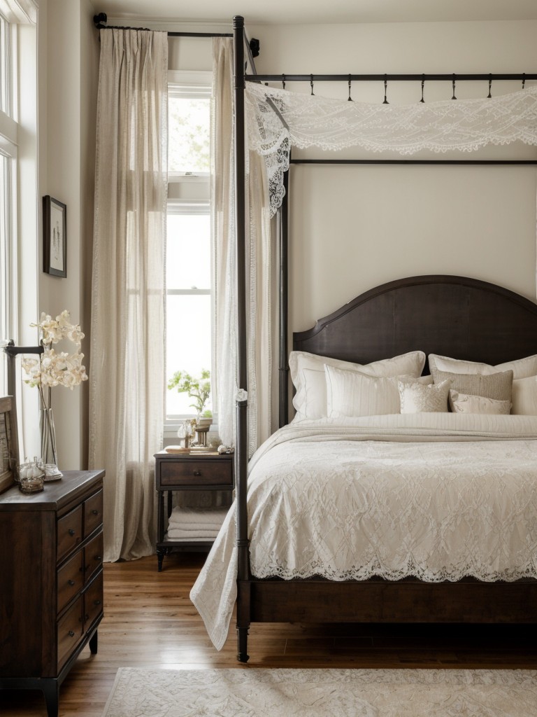 Industrial meets romance: Personalize your apartment with lace, canopy bed & vintage vanity!