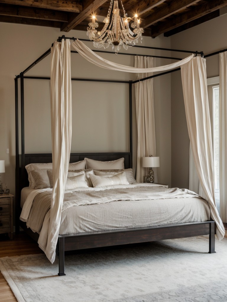 Chic Industrial Bedroom: Create Romance and Style with a Statement Chandelier and Canopy Bed