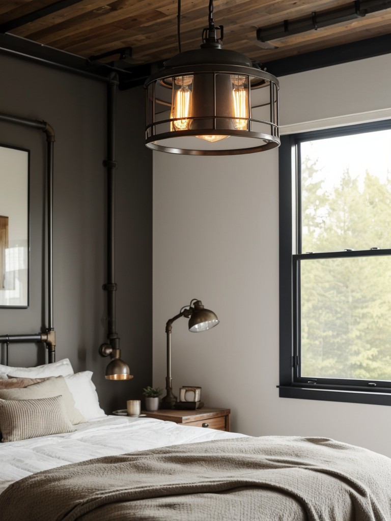 Cozy Industrial Apartment: Stylish Bedroom with Metal Bed Frame & Pendant Lights