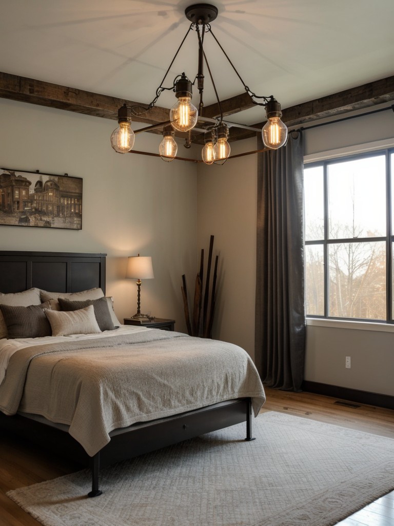 Cozy Industrial Bedroom: Glam with a Statement Chandelier!