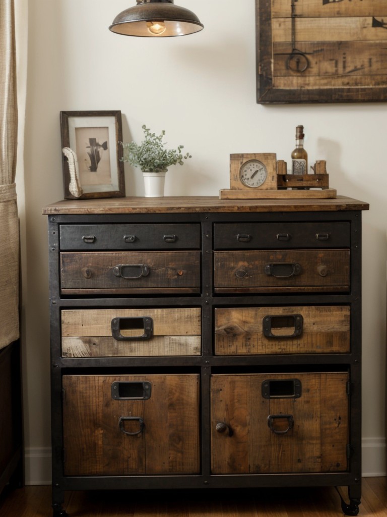 Cozy Industrial Apartment Bedroom: Vintage Vibes & Clever Storage.