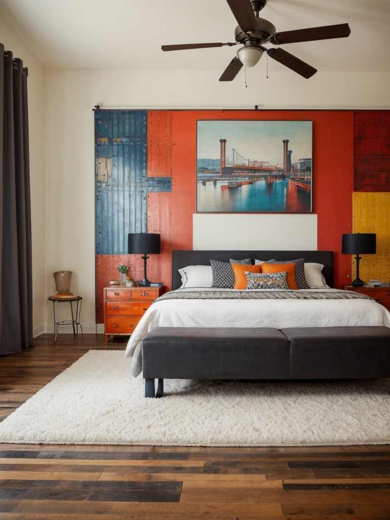 Revamp Your Bedroom with Industrial Art: Add a Statement Rug for a Bold and Vibrant Look!