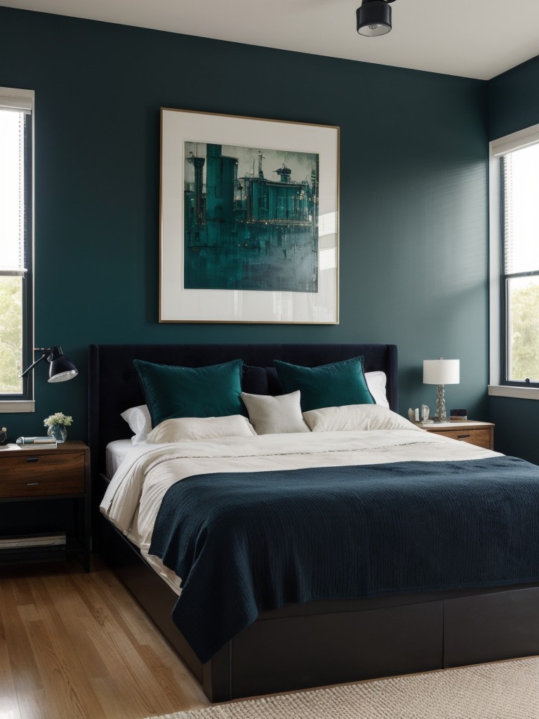 Bold Industrial Bedroom Art: Navy, Emerald, & Black for Drama