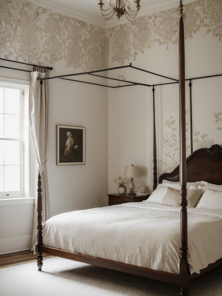 Old-world elegance for your bedroom: ornamental wallpaper and classic four-poster bed.