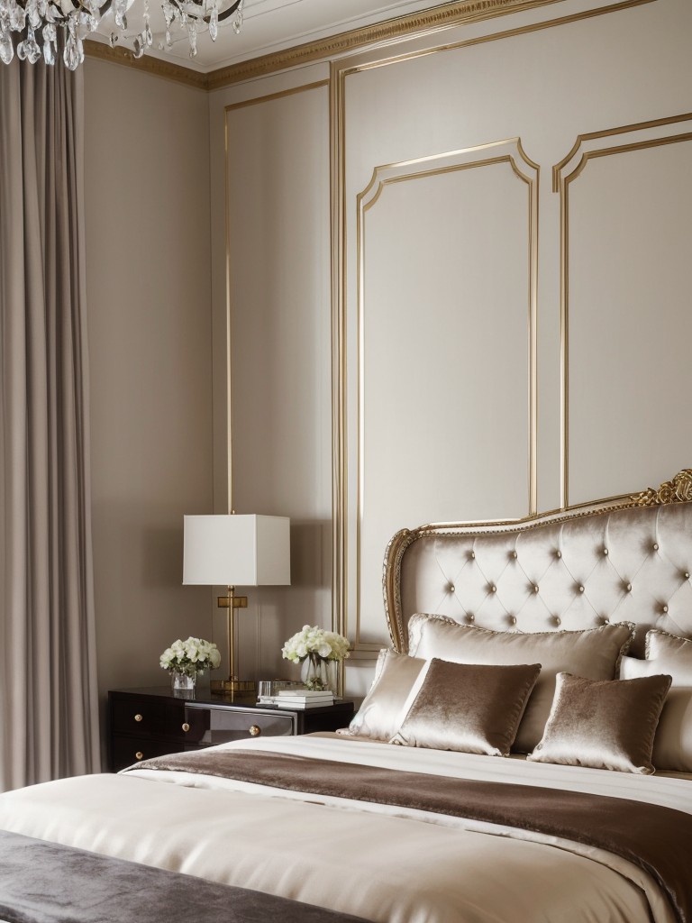 Luxury vibes in your bedroom: Velvet headboard, crystal chandelier, silk bedding