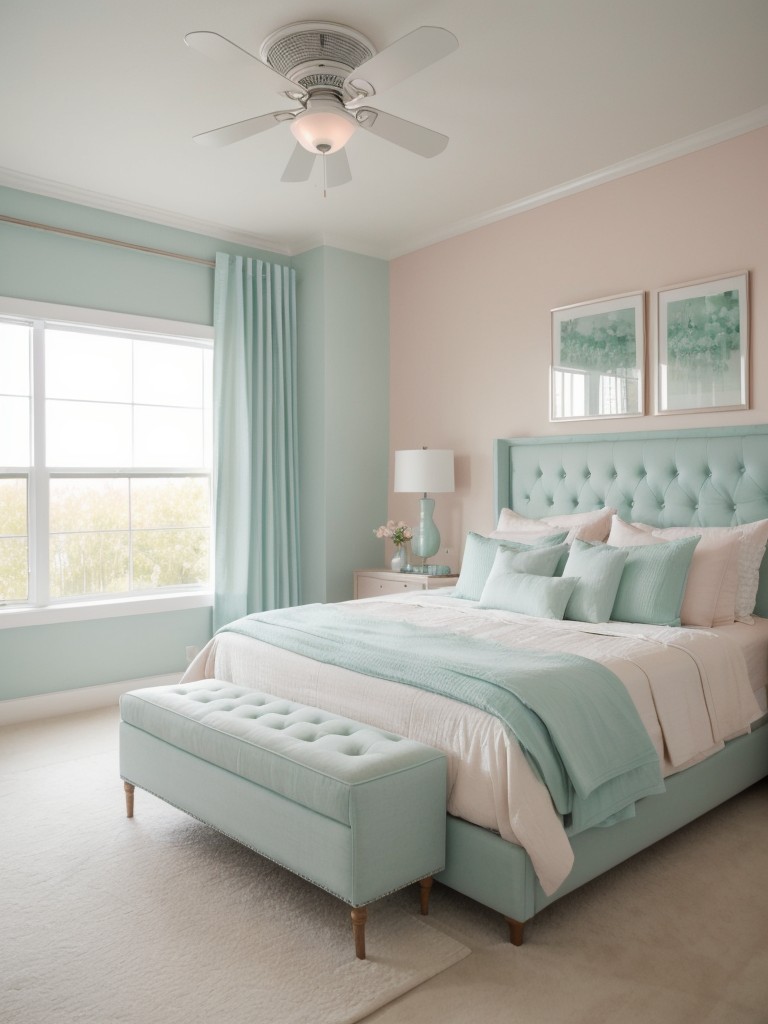 Serene apartment bedroom inspo: blush pink, pale blue, mint green