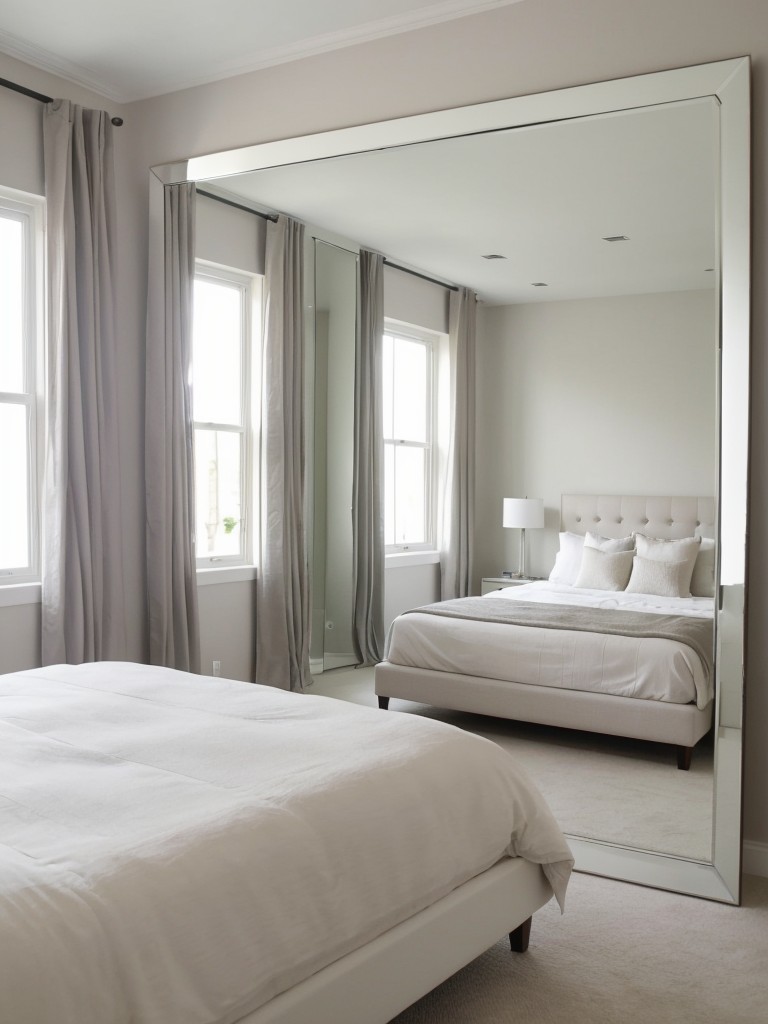 Chic Minimalist Bedroom: Mirror Magic for a Spacious Vibe.