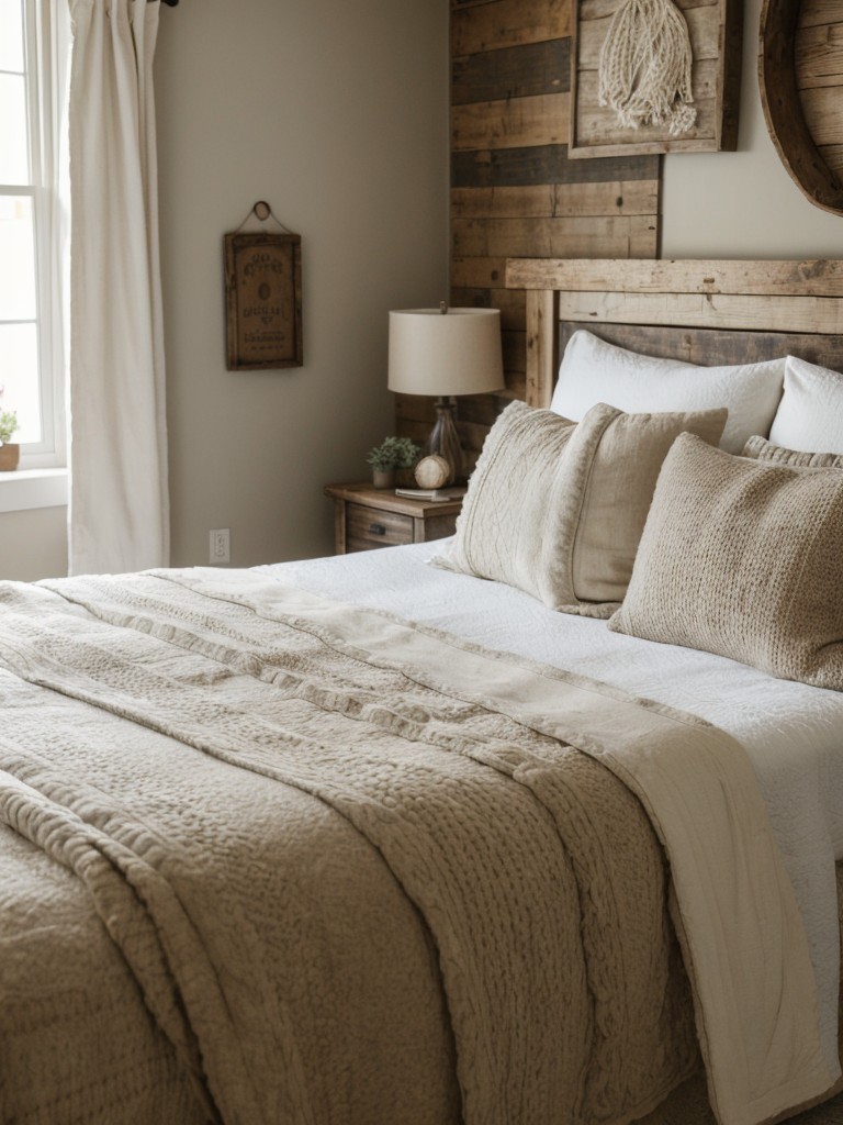 Farmhouse-Inspired Rustic Bedroom: Cozy with Plush Duvet and Knitted Blanket!