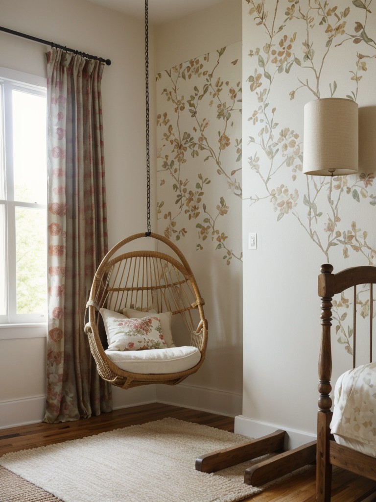 Whimsical Bedroom Retreat: Swing chairs, vibrant wallpaper & more!