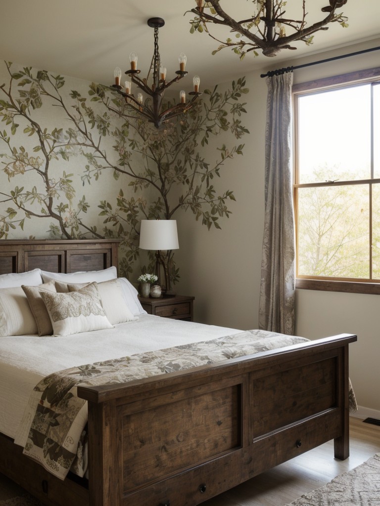 Rustic bedroom heaven: Branch chandeliers & botanical wallpapers!