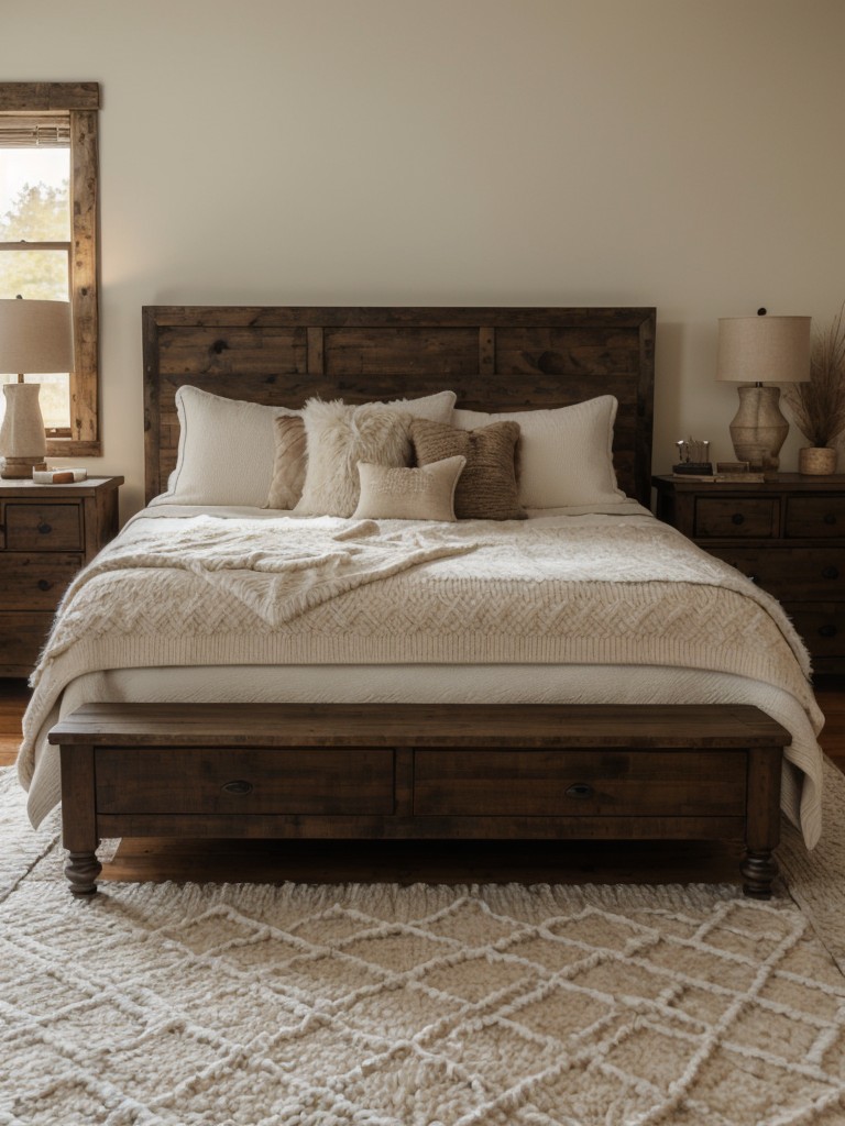 Cozy up your bedroom with rustic vibes. Faux fur rugs and chunky throw blankets are a must!