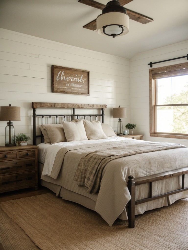 Cozy Farmhouse-Inspired Bedroom: Shiplap, Vintage Bed, Neutral Fabrics.