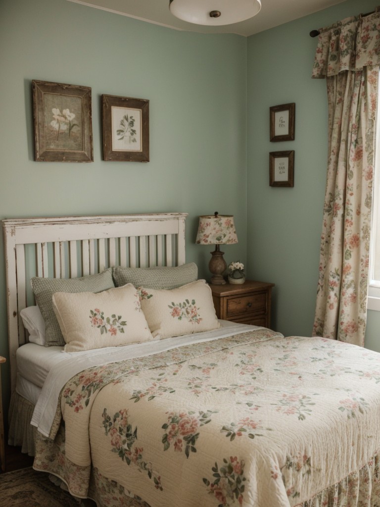 Vintage-inspired retreat: Rustic bedroom decor with floral prints and distressed furniture.