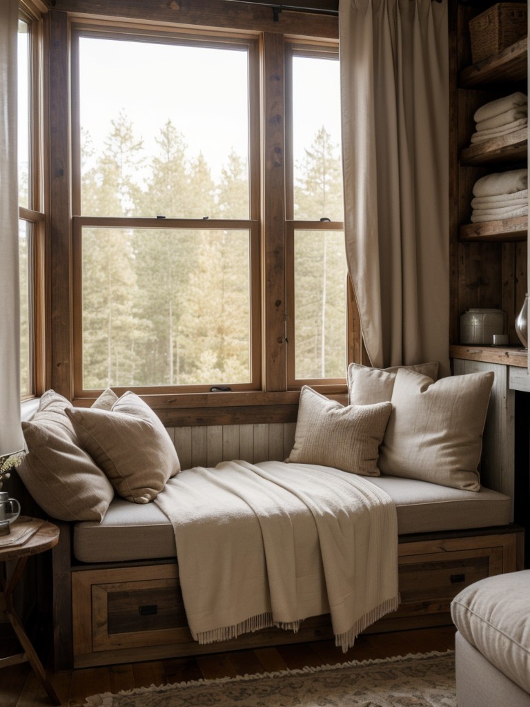 Cozy Rustic Bedroom: Window Seat with Storage & Comfy Vibes