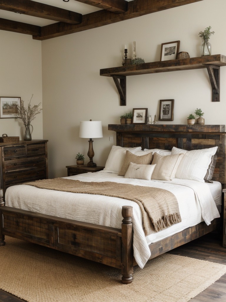 Charming Rustic Bedroom Decor: Show off antiques & artwork with distressed wood shelves!