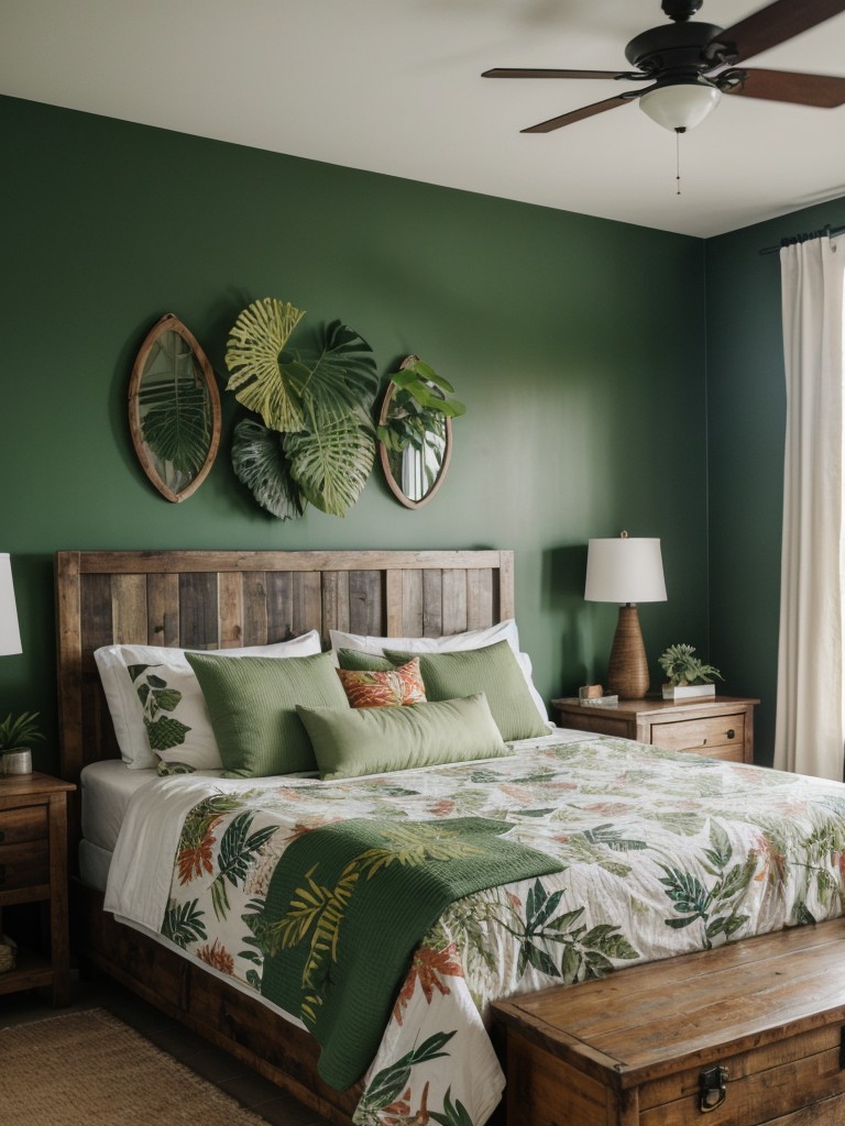 Tropical Oasis: Transform Your Bedroom with Lush Leaf Prints and Green Accents