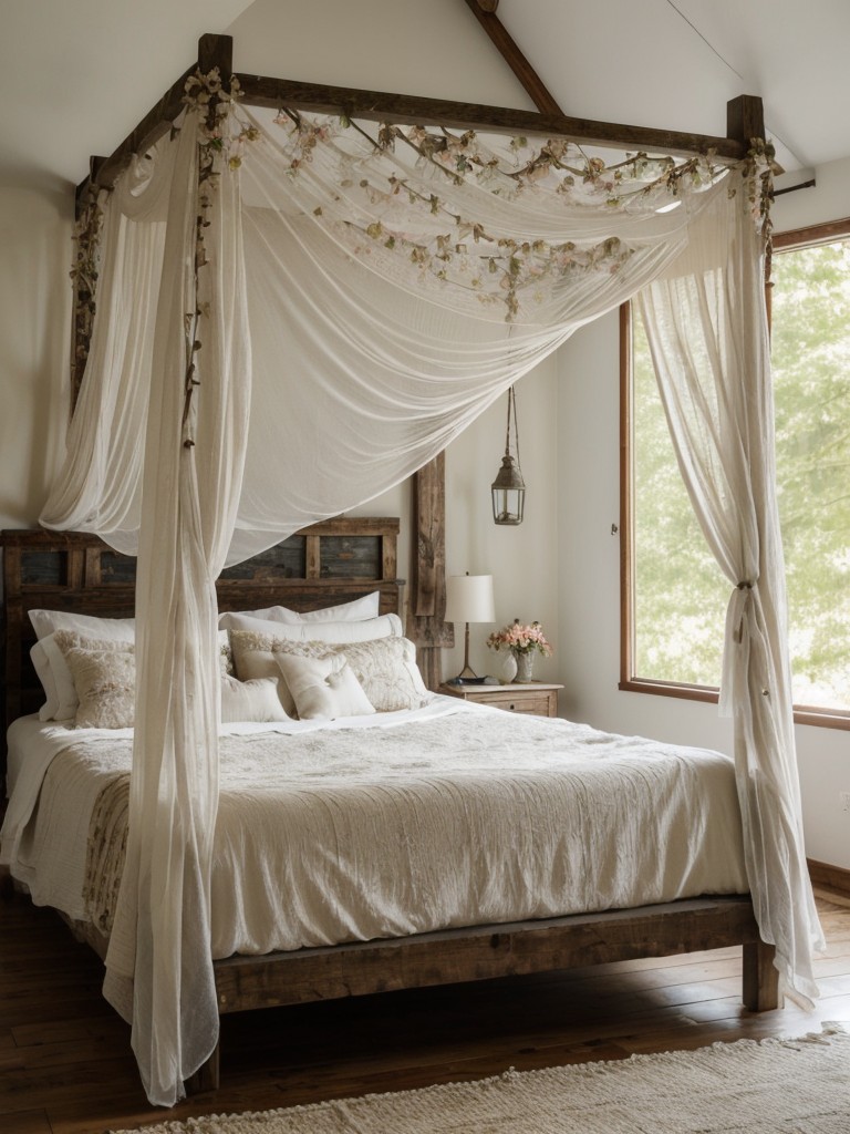 Rustic Boho Bedroom: Dreamy Canopy Bed & Delicate Floral Accents