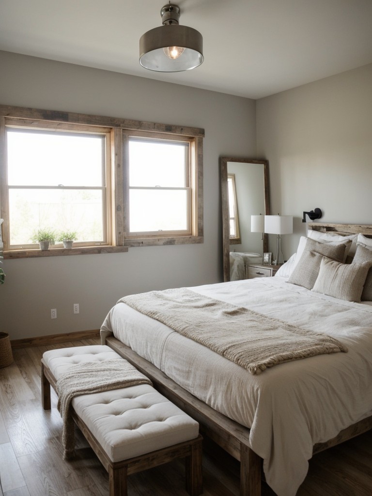 Rustic Minimalist Bedroom: Reflective Accents for Spacious Vibes