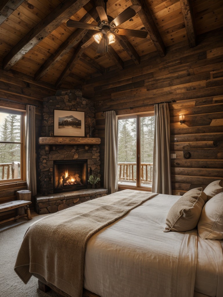 Cozy Lodge-Inspired Bedroom: Rustic Retreat with a Statement Fireplace & Stacked Logs!