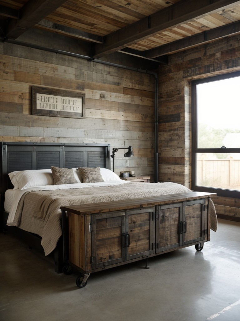 Raw & Edgy: Rustic Industrial Bedroom Ideas with Salvaged Factory Cart Bedside Table