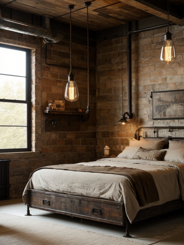 Cozy Industrial Bedroom Ideas: Add vintage-inspired lighting for an edgy touch!