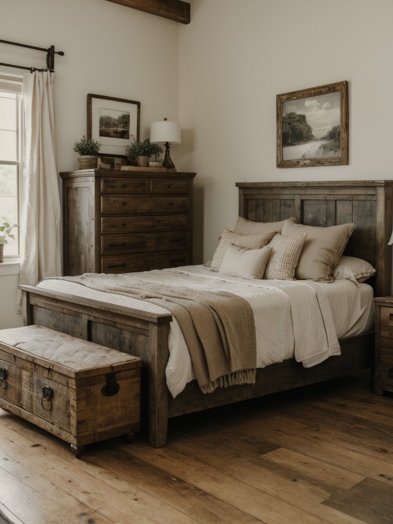 Vintage Rustic Bedroom Decor: Serene Vibes with Distressed Furniture & Antique Accents.