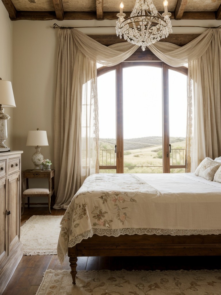 Romantic Tuscan Bedroom: Soft fabrics, floral prints, crystal chandeliers!