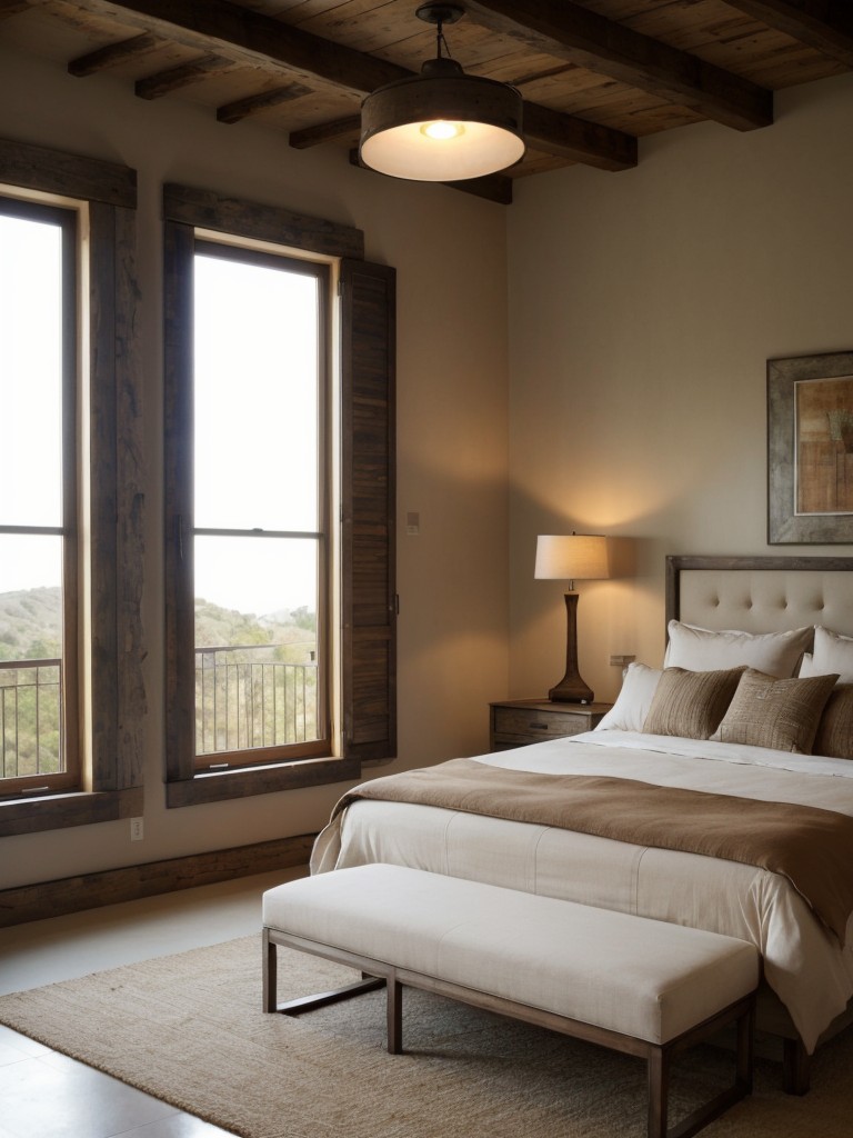 Contemporary twist on rustic Tuscan bedroom - minimalist design with warm color palette