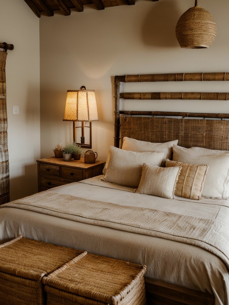 Desert-inspired Rustic Southwestern Bedroom Decor with Woven Rattan Accents.