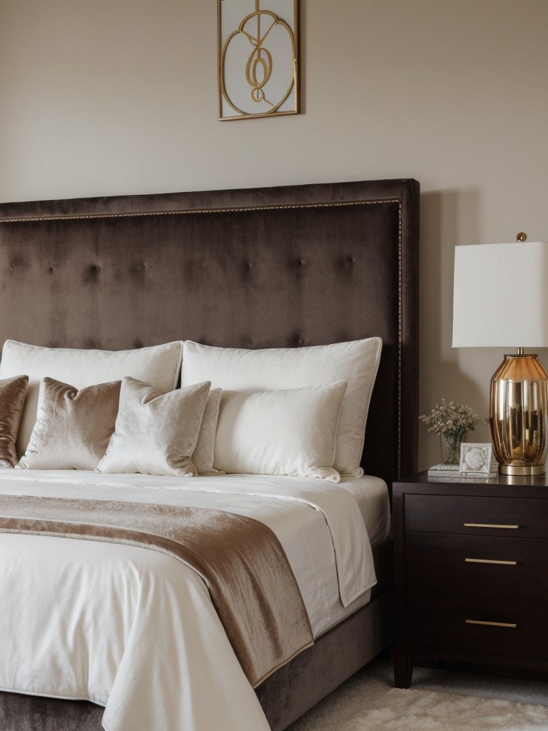 Elevate your apartment with modern bedroom decor. Luxurious velvet accents.