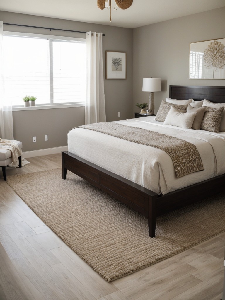 Functional Elegance: Stylish Apartment Bedroom with Statement Rug