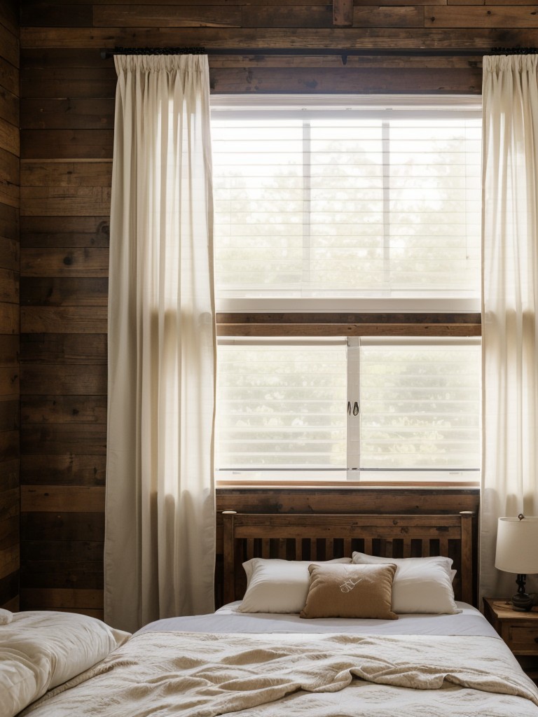 Farmhouse Bedroom Retreat: Brighten your space with sheer curtains or rustic wooden blinds!