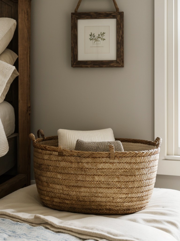 Farmhouse bedroom bliss: Add woven baskets for a cozy and organized space!