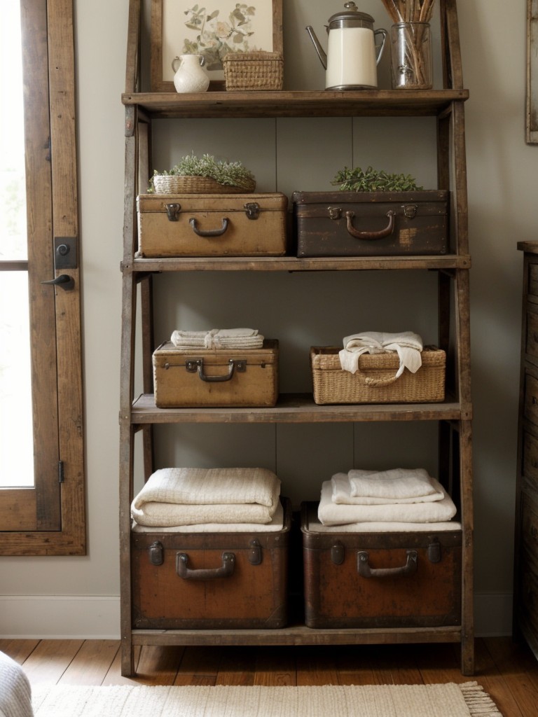 Farmhouse-Inspired Rustic Bedroom Decor: Get Creative with Vintage Suitcases and Ladders!