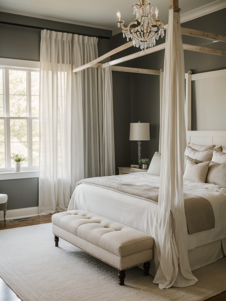 Romantic Farmhouse-Inspired Bedroom Decor: Canopy Bed, Sheer Curtains, Soft Lighting