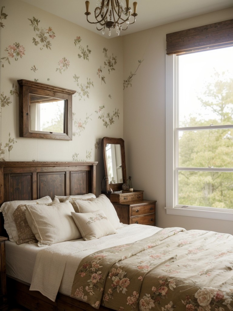 Vintage Farmhouse Bedroom Decor: Antique Furniture & Retro Wallpaper.