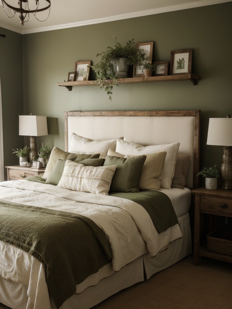 Farmhouse-inspired bedroom with cozy vibes. Bring nature indoors with plants and earthy tones.