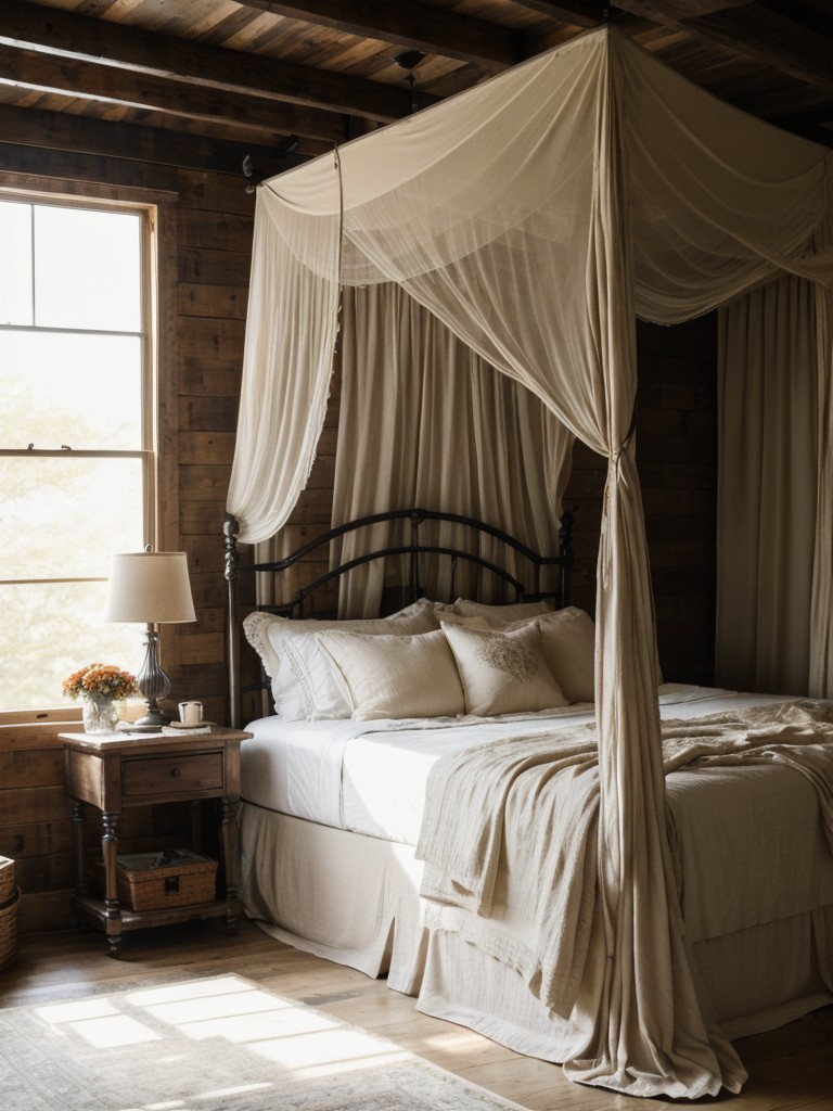 Charming Farmhouse Bedroom: Timeless Elegance with Canopy Bed & Vintage Touches