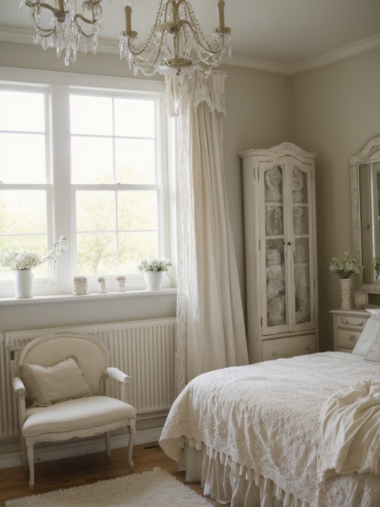 Elegant Shabby Chic Bedroom: Lace Curtains & Vintage Chandelier